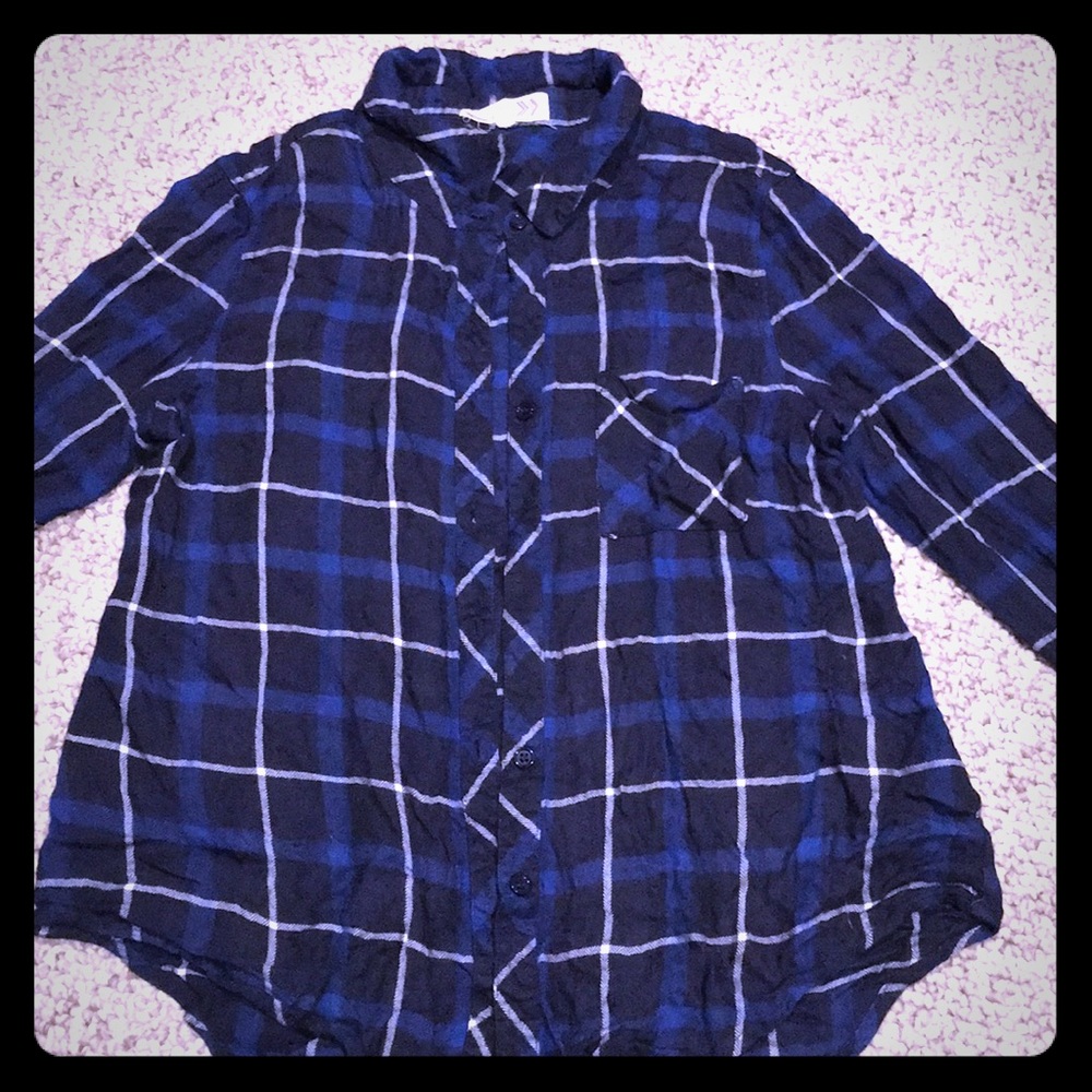 Navy blue plaid button up rayon shirt